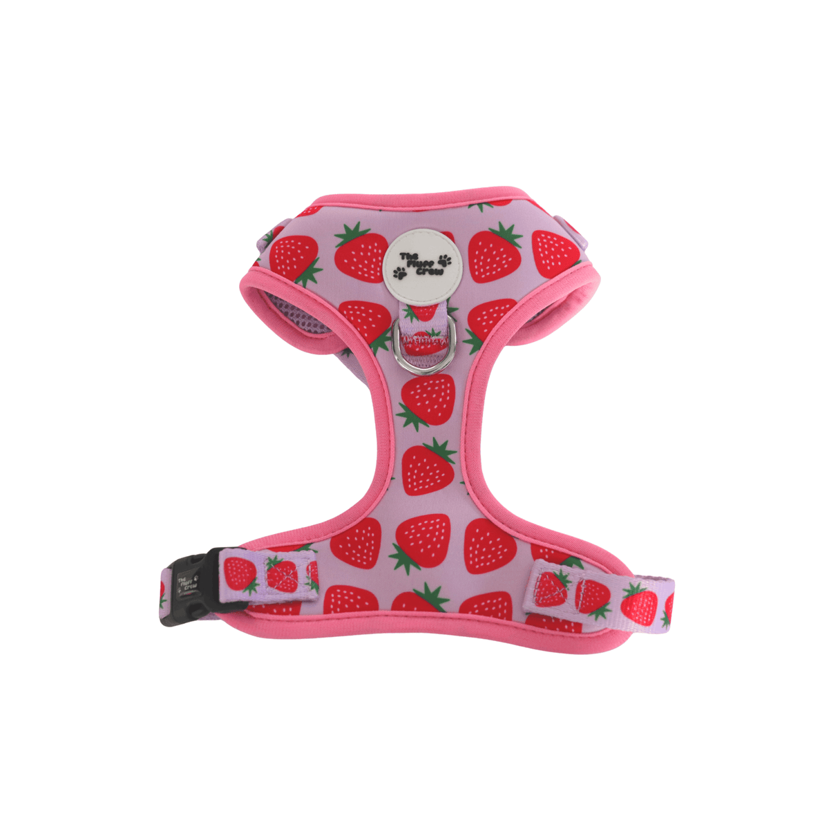 Pink adjustable dog harness with strawberry print
